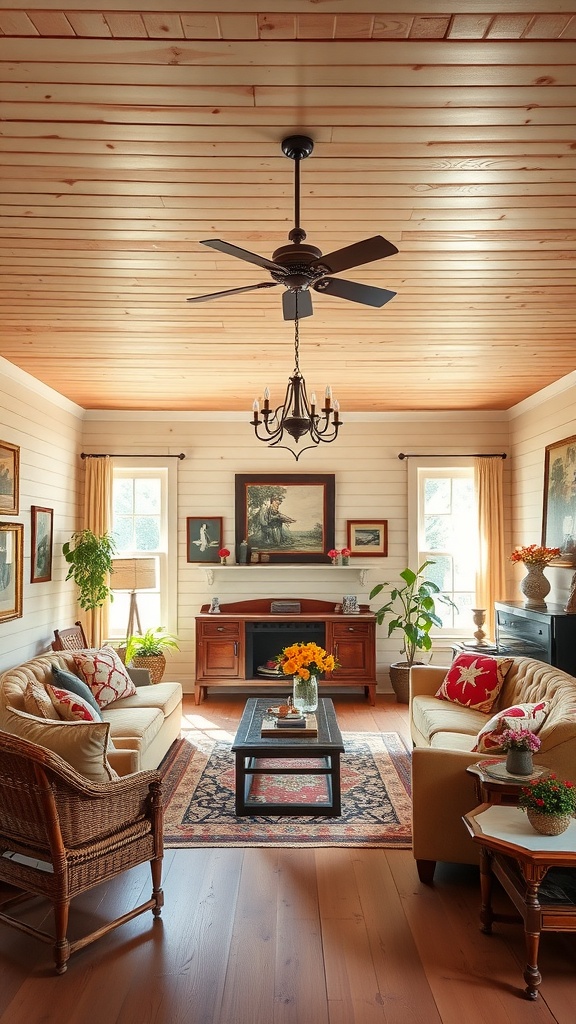 Cozy living room with a painted wood ceiling, light furniture, and plants