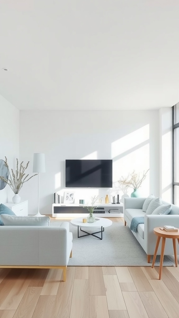 A pale blue minimalist living room featuring light blue sofas, a round coffee table, and large windows allowing natural light.