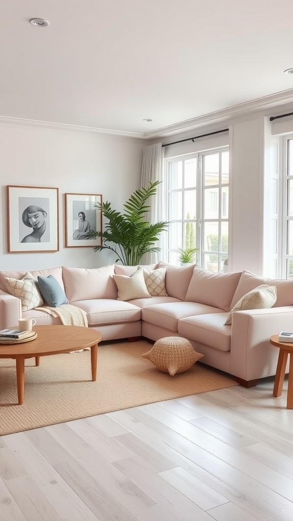 A pale pink sectional sofa with decorative pillows in a bright living room, surrounded by natural light and greenery.