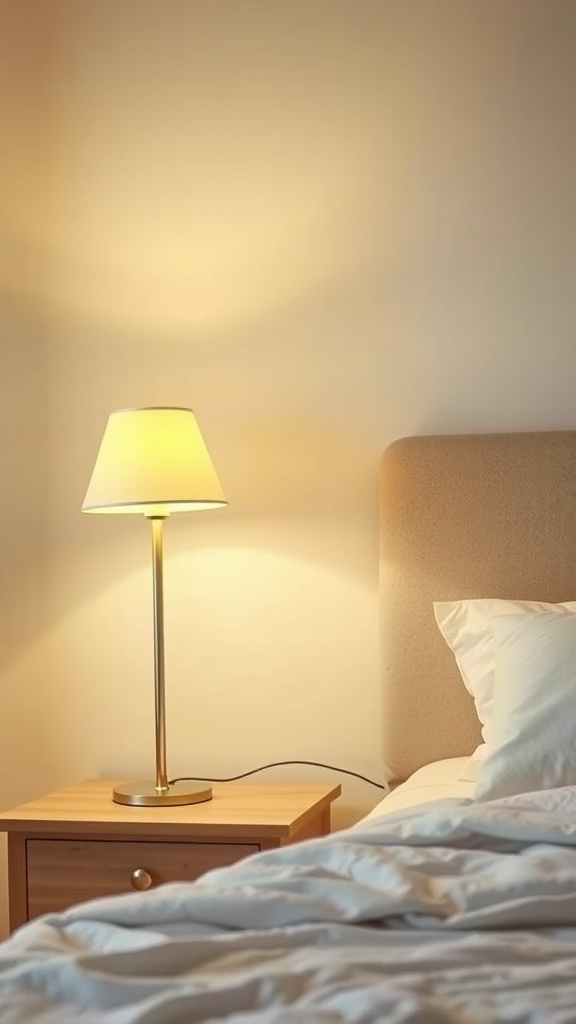 A pale yellow bedside lamp illuminating a cozy bedroom with neatly arranged bed linens.