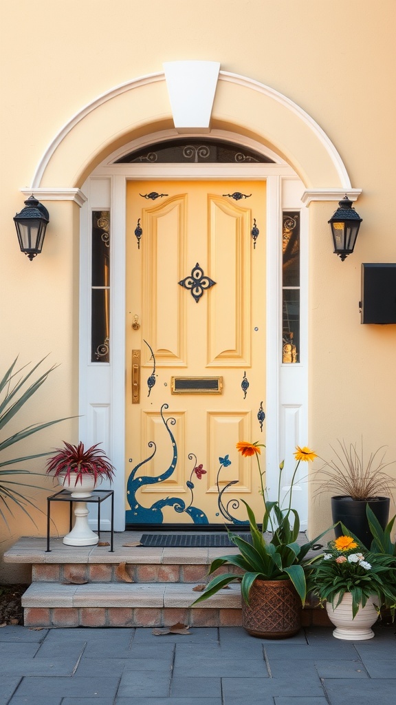 A pale yellow door with artistic designs and vibrant flowers at the entrance, framed by stylish lanterns and plants.