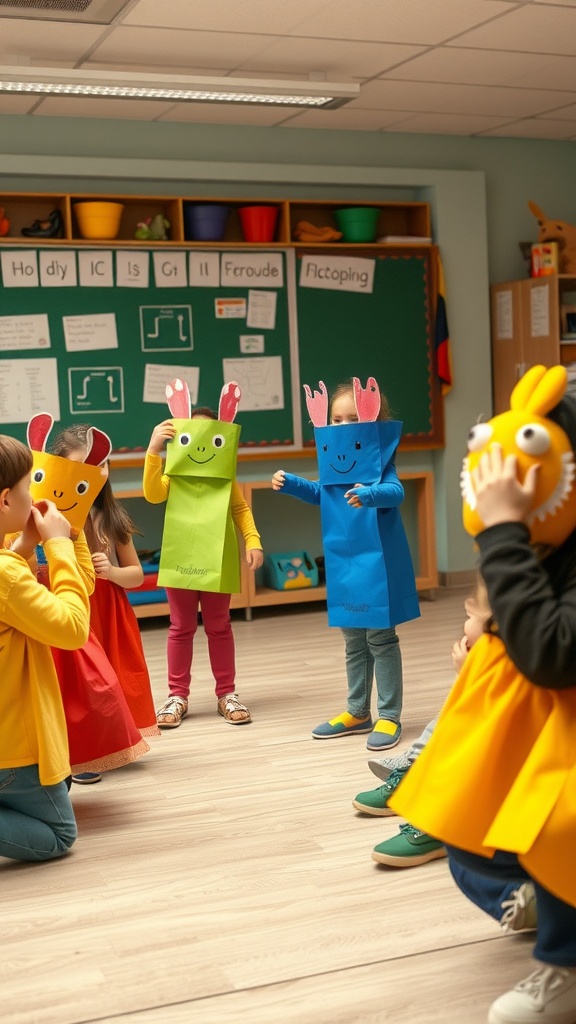 Children in a classroom holding colorful paper bag puppets, smiling and engaged