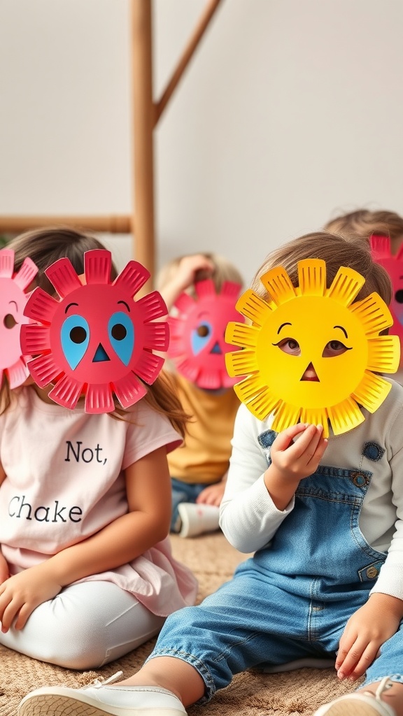 Children holding colorful paper plate masks, smiling and enjoying their craft activity.