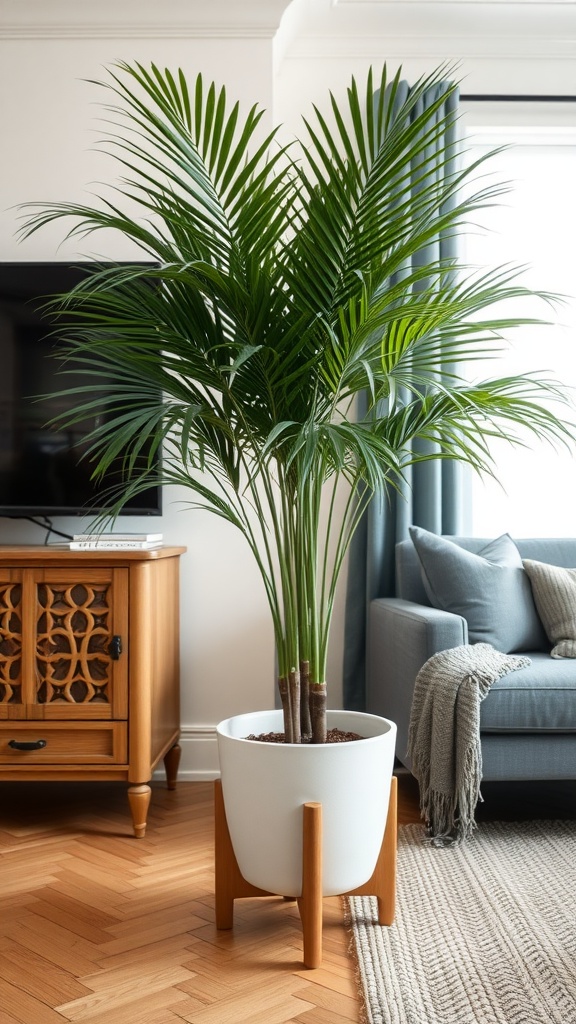 A Parlor Palm in a modern white planter with wooden legs, placed in a cozy living room setting.