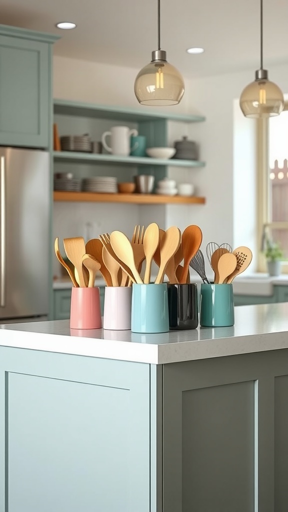 Colorful pastel utensil holders filled with wooden utensils on a kitchen island.