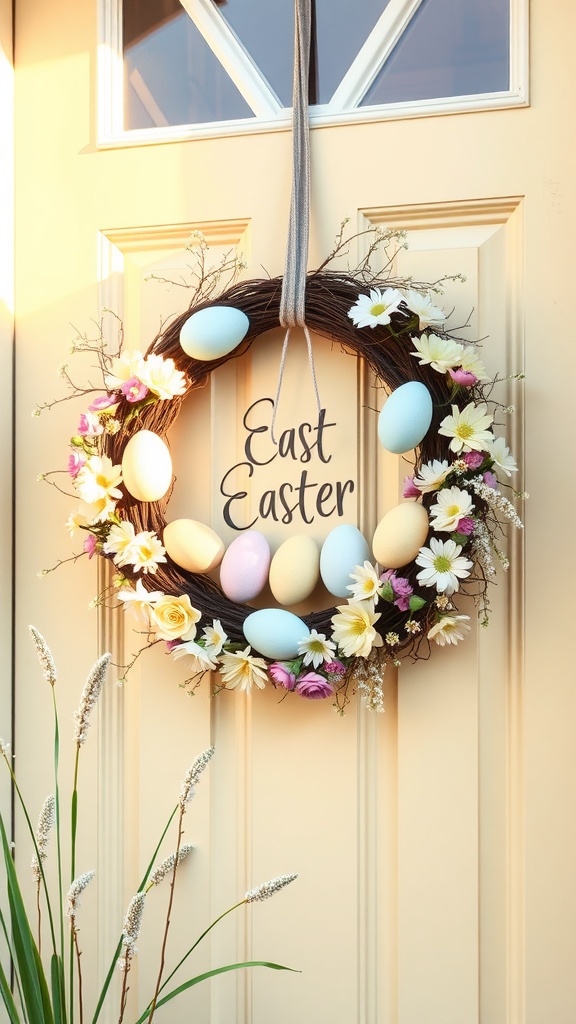 Pastel Easter Egg Wreath with flowers and eggs on a front door