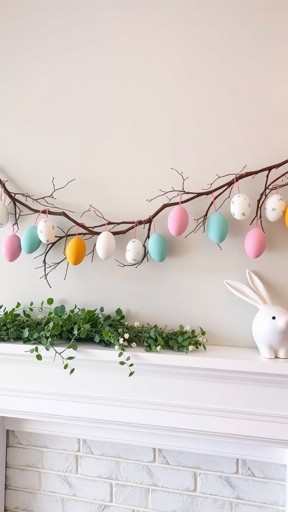 A pastel egg garland made of painted eggs hanging from a branch, decorated with greenery and a white bunny figurine on the mantle.