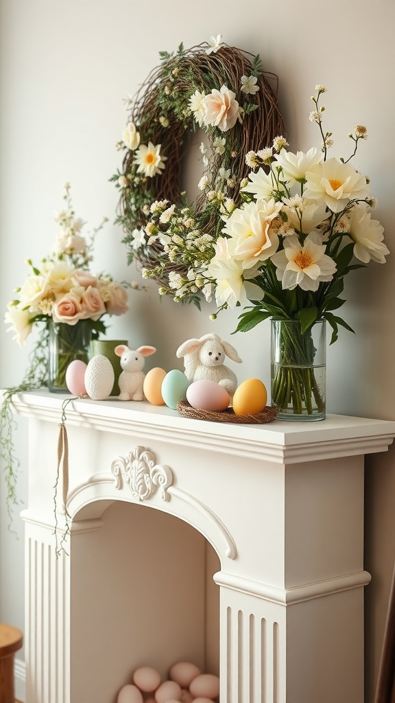 A pastel-themed Easter mantel featuring floral arrangements, decorative bunnies, and colorful eggs.