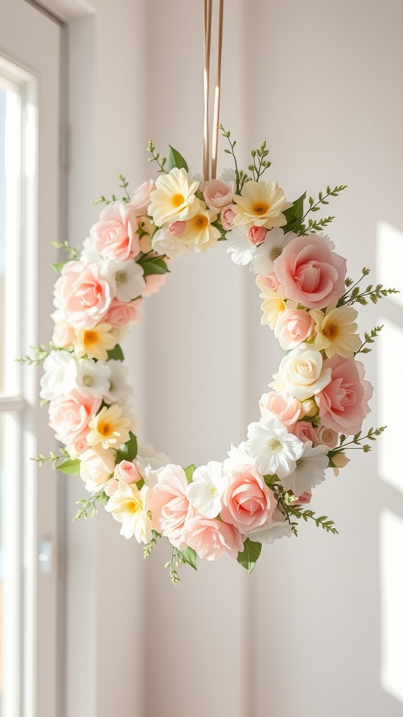 A pastel floral wreath with pink, white, and yellow flowers