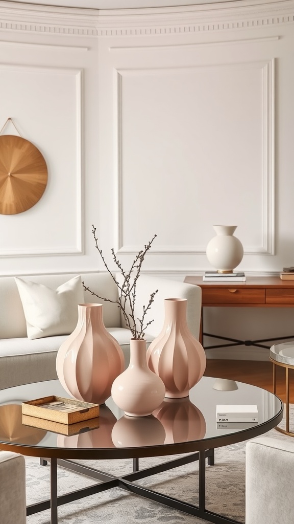 A stylish living room featuring pastel pink decorative vases on a coffee table.