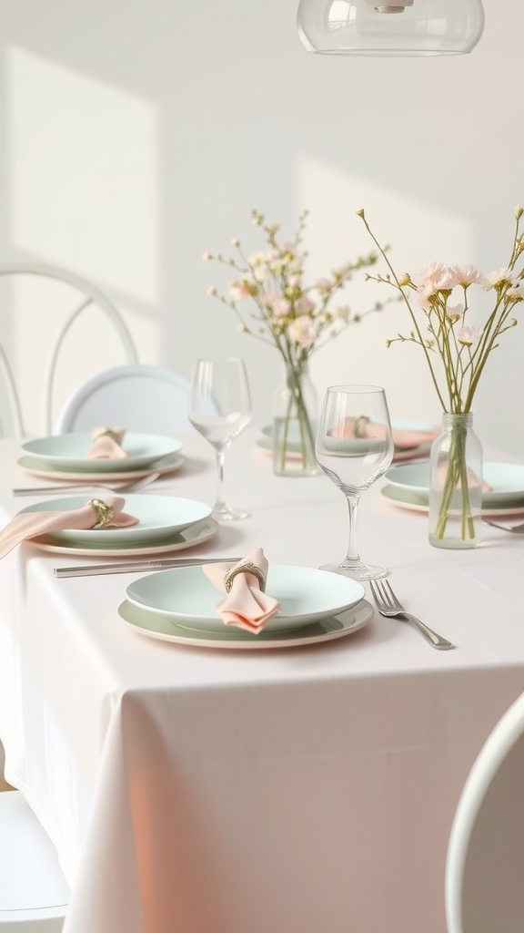 A beautifully set dinner table with pastel colors, featuring mint green and blush pink plates, elegant glassware, and fresh flowers in vases.