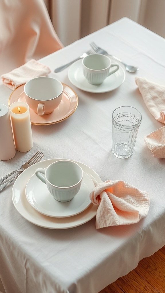 A beautifully set table with pastel tableware including pink and light blue plates and cups, candles, and soft napkins.