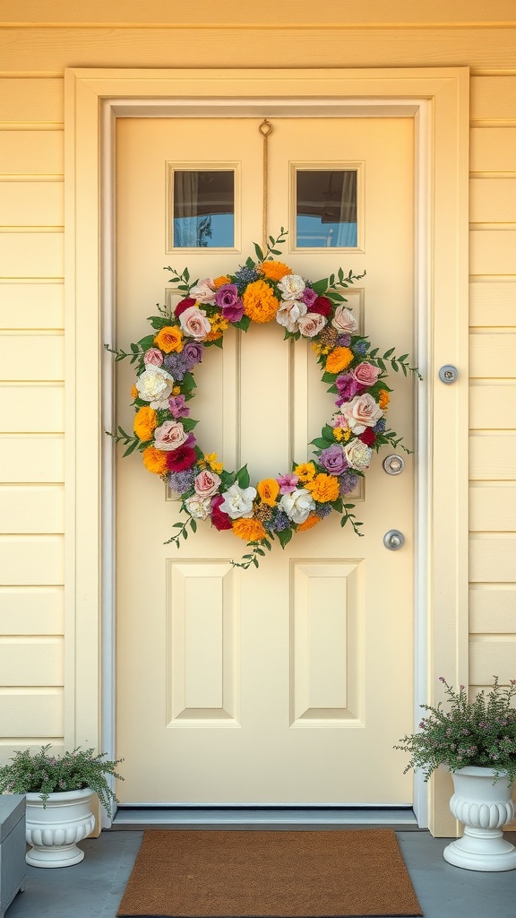 A pastel yellow front door adorned with a colorful floral wreath, complemented by potted plants on either side.