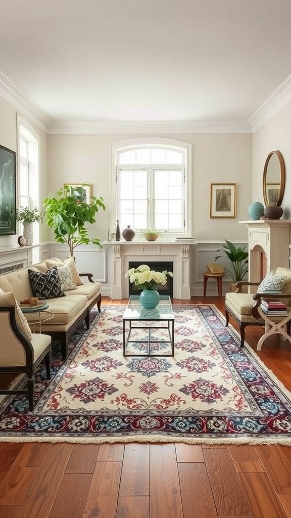 A cozy French country living room featuring a patterned area rug, elegant furniture, and natural light.