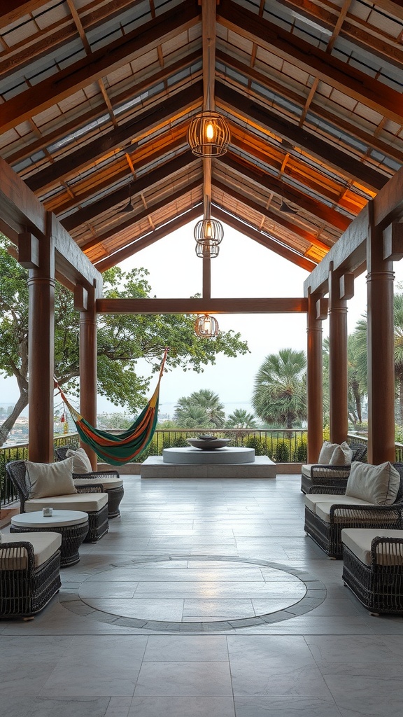 A spacious outdoor pavilion with hammocks and comfortable seating, featuring a warm wooden structure and a serene view of nature.