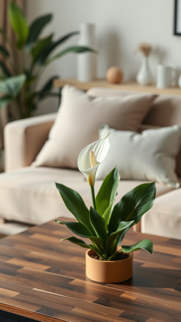 A Peace Lily in a modern living room setting, placed on a wooden coffee table with a cozy couch in the background.