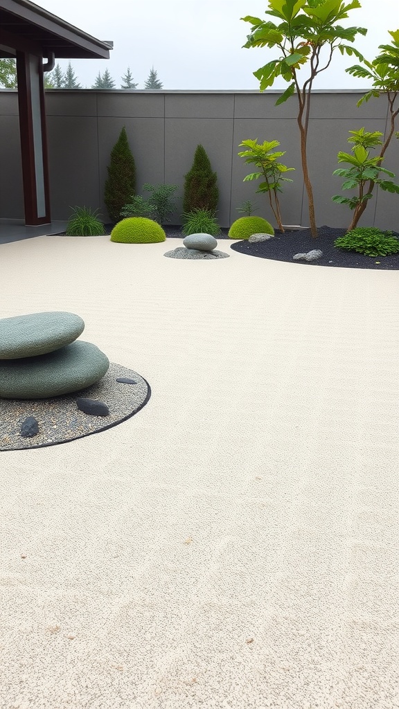 A peaceful Zen garden featuring smooth stones, raked sand, and greenery