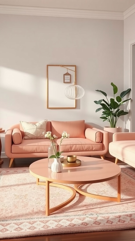 A living room featuring a peachy pink coffee table surrounded by matching sofas and plants.