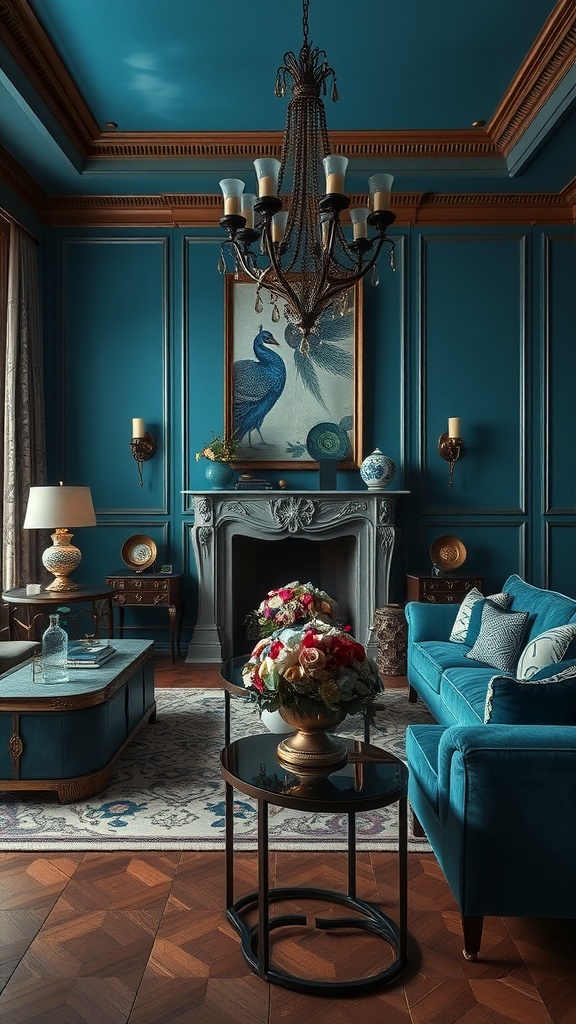 A living room designed in peacock blue color scheme featuring a blue sofa, elegant chandelier, and floral decor.