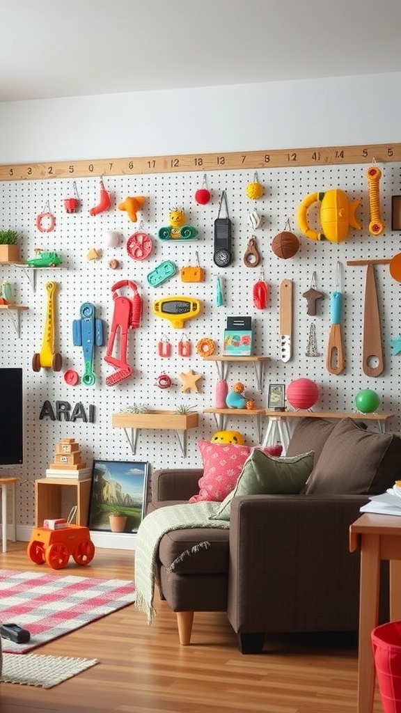 Colorful pegboard wall displaying various hanging toys in a living room setting.