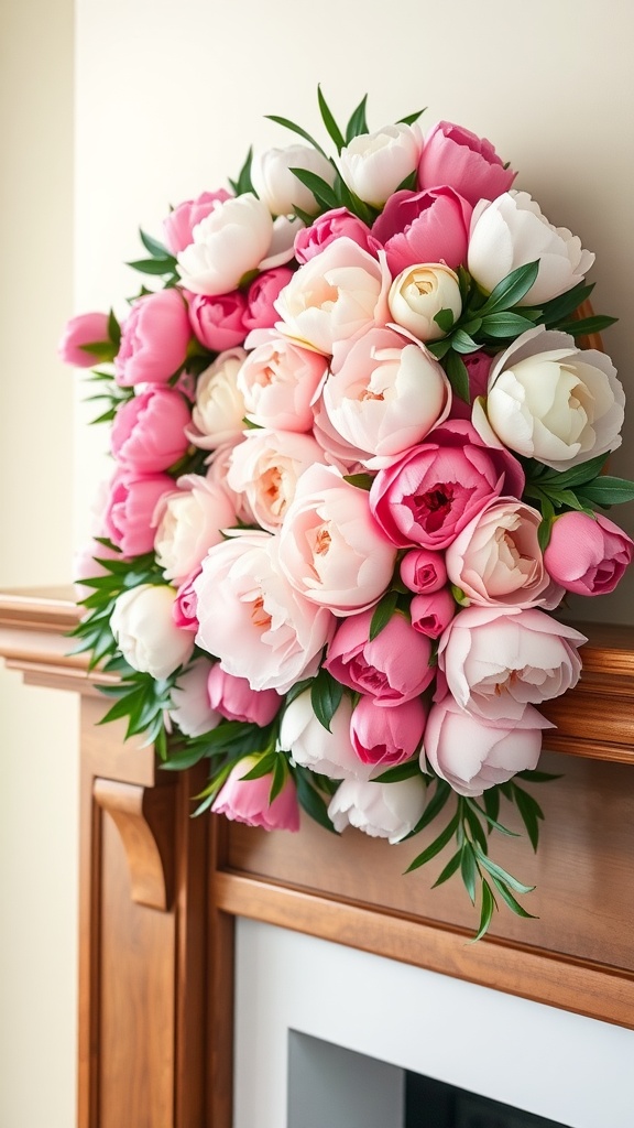 A vibrant wreath made of pink and white peonies displayed on a wooden mantel.