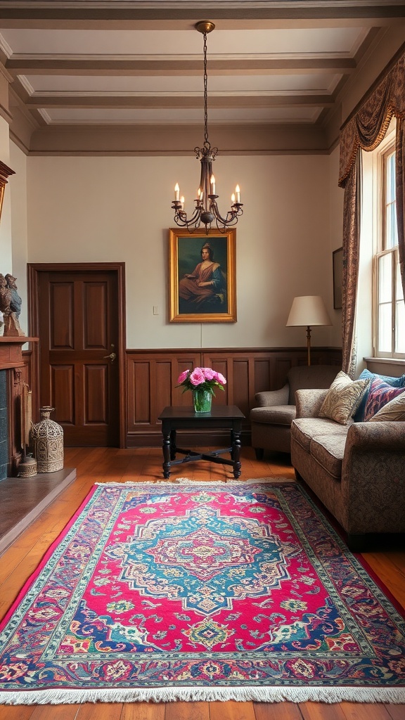 A cozy old English living room featuring a vibrant Persian rug, wooden floors, and elegant furnishings.