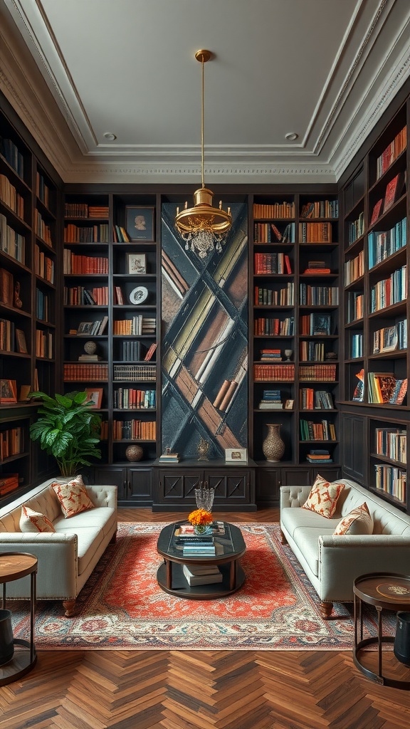 A cozy personal library with dark wooden bookshelves filled with colorful books, elegant seating, and decorative accents.