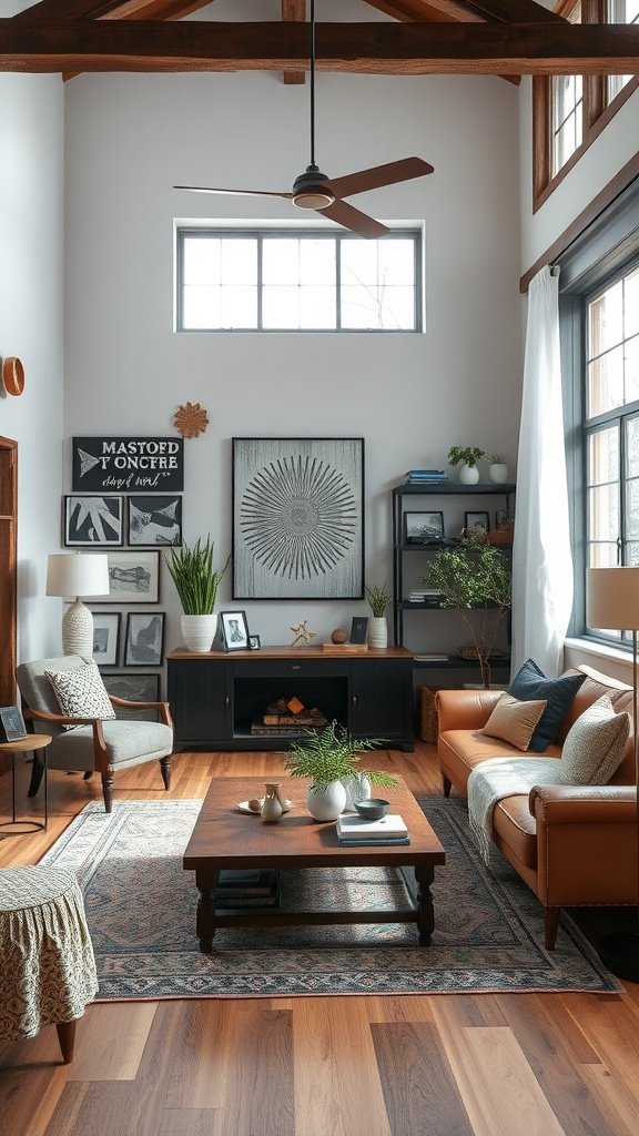 A cozy modern rustic living room featuring wooden beams, leather sofa, and decorative art.