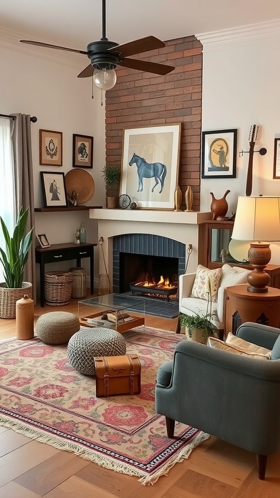 A modern western living room featuring a cozy ambiance with decorative accessories, plants, and a fireplace.