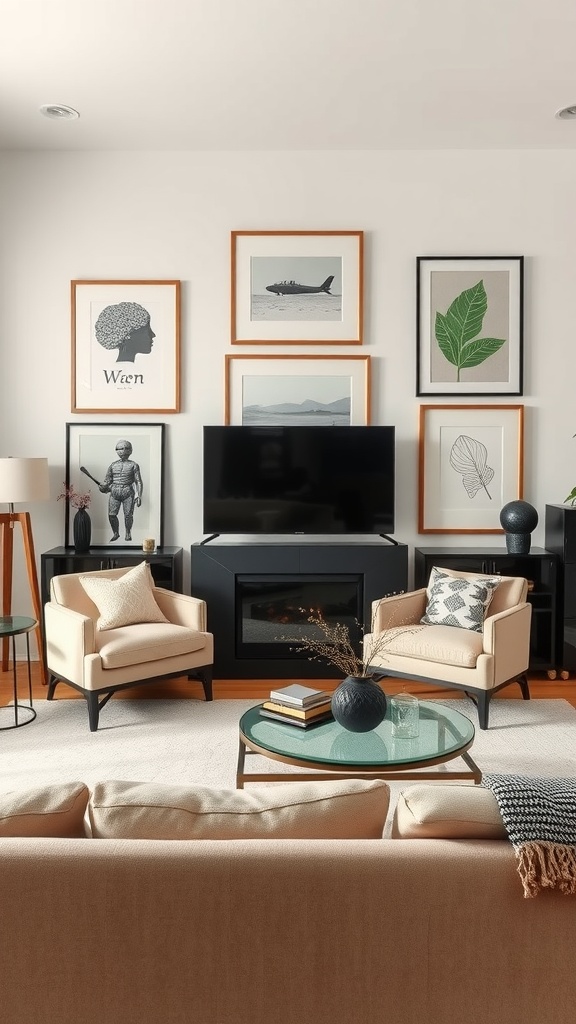 A living room with beige and black furniture, featuring a wall art display and a television.