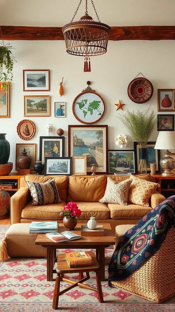 A cozy boho living room featuring a mix of personalized artifacts and travel souvenirs on the walls and furniture.