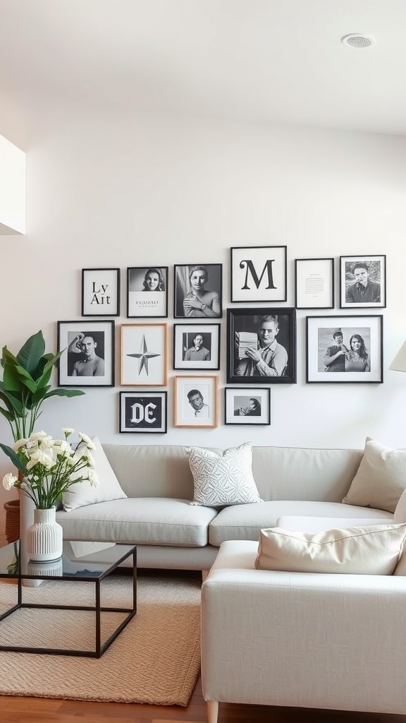 A cozy living room featuring a personalized artwork display on the wall with framed black and white pictures, a light sofa, and a glass coffee table.