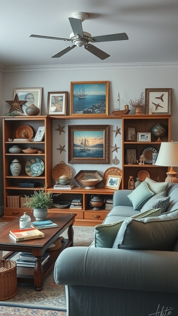 Coastal living room featuring personalized collections of art and decorative items.