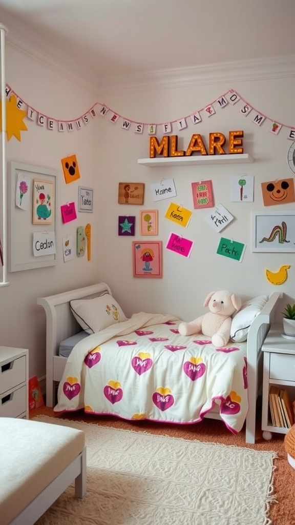 A cozy shared bedroom for kids with personalized decor, featuring colorful art, a heart-patterned blanket, and plush toys.