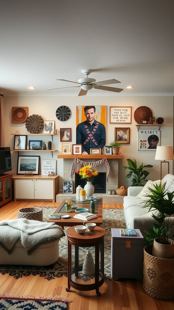 A cozy modern boho living room featuring personalized decor elements, including a gallery wall, plants, and textured textiles.