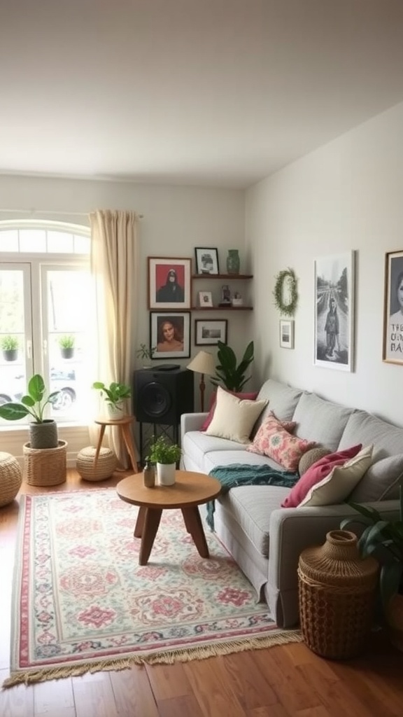 Cozy boho-style living room with personalized decor touches, including framed photos, plants, and textured elements.