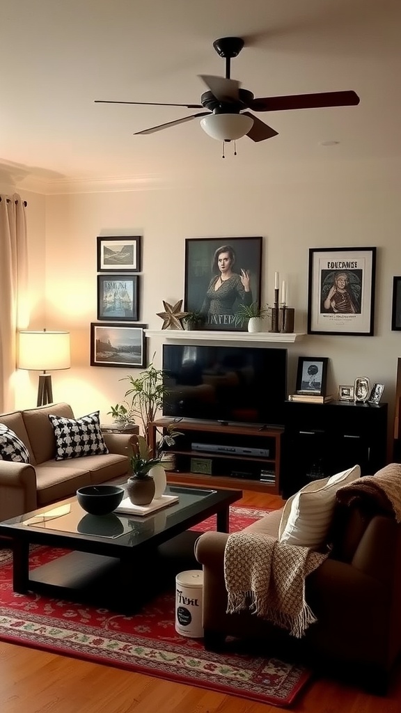 A cozy living room with framed artwork, comfortable seating, and decorative touches