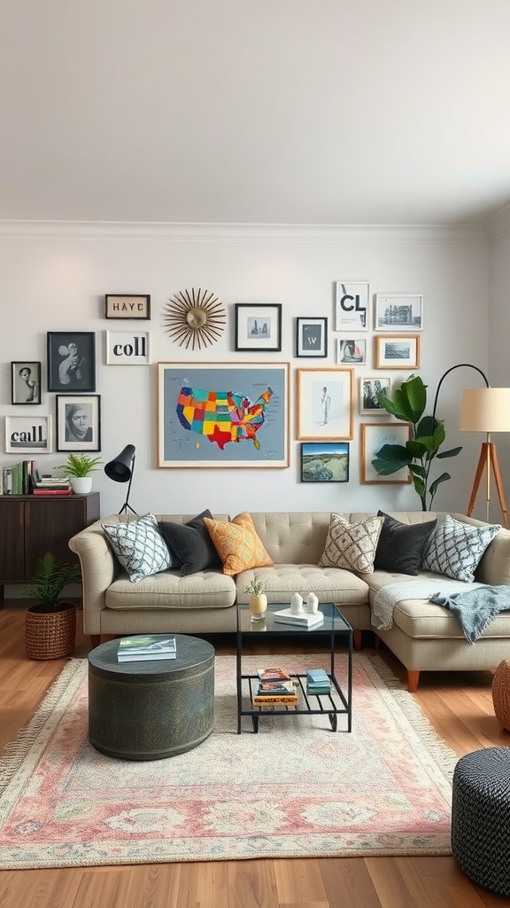 A modern living room with a cozy sofa, gallery wall, plants, and a stylish coffee table.