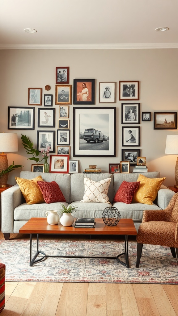 A living room featuring a gallery wall of framed photographs, a cozy couch with colorful cushions, and a stylish coffee table.