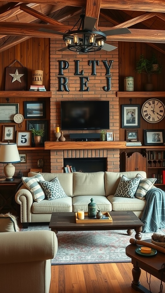 A rustic living room with a cozy couch, brick wall, and personalized decor items.