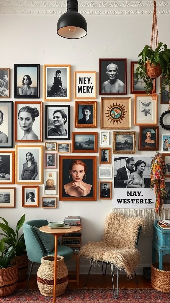 A modern boho living room featuring a gallery wall filled with various framed artworks and photographs, along with some plants and stylish furniture.