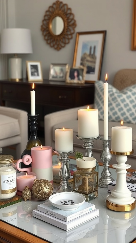 A cozy living room coffee table with decorative candles, books, and personal photographs.