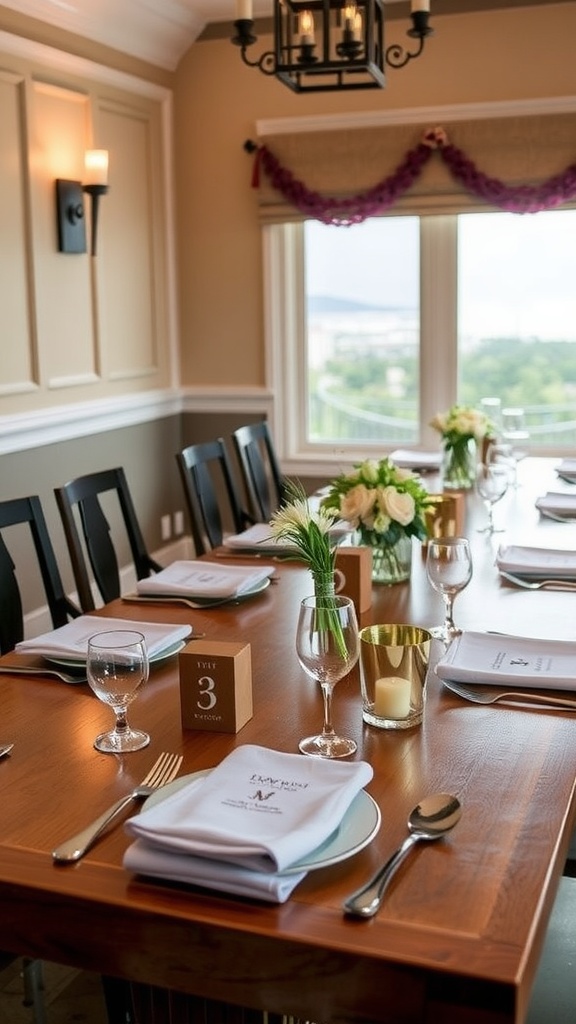 A beautifully set dining table with elegant décor and a scenic view.