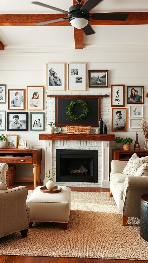 Living room with a family gallery wall featuring framed photos, a cozy fireplace, and stylish decor.