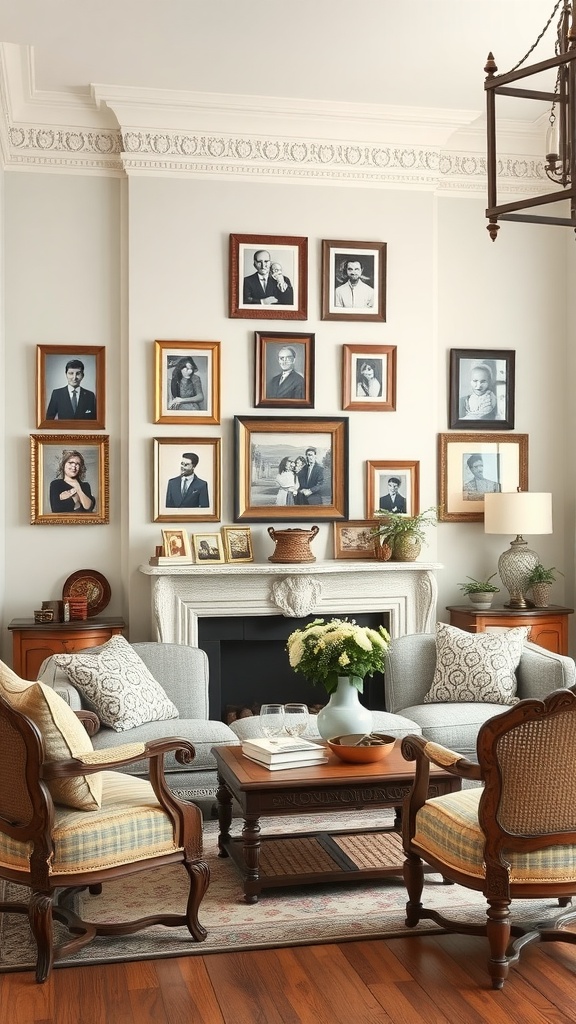 A cozy French country living room featuring a wall of family photos in various frames, elegant armchairs, and a warm atmosphere.