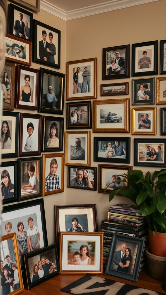 Gallery wall featuring various family photos in different frames, set in a cozy living room corner.