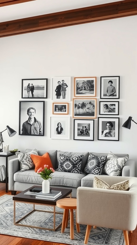 A cozy boho living room featuring a personalized gallery wall with black and white framed pictures.