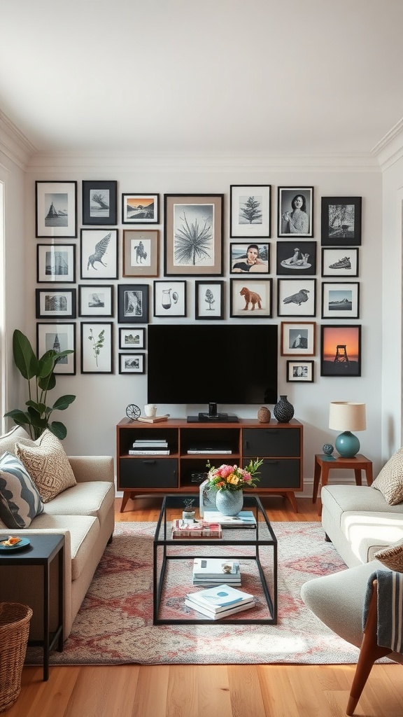 A cozy living room featuring a personalized gallery wall filled with framed pictures and art, a coffee table with flowers, and two comfortable sofas.