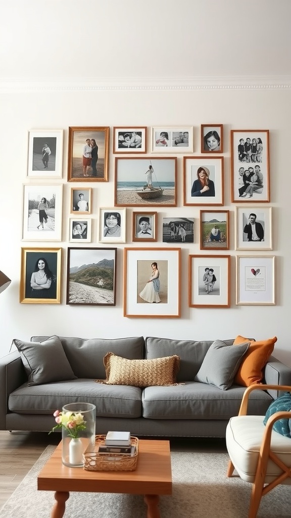 A cozy living room featuring a large gallery wall of framed photos above a gray sofa, with a wooden coffee table in front.