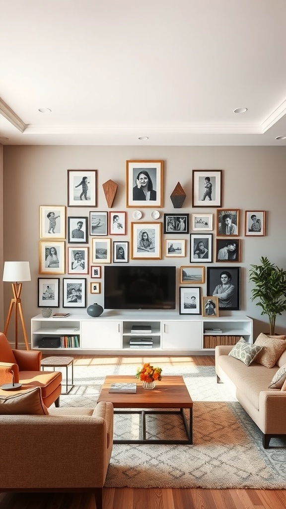 Living room with a personalized gallery wall featuring framed photos and decorative elements.